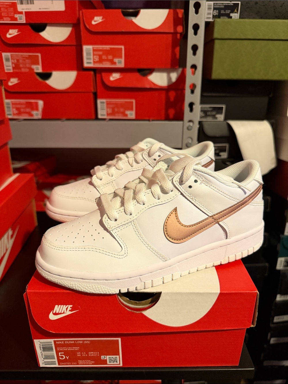 Nike Dunk Low White with Rose Gold Swoosh GS Size 5y